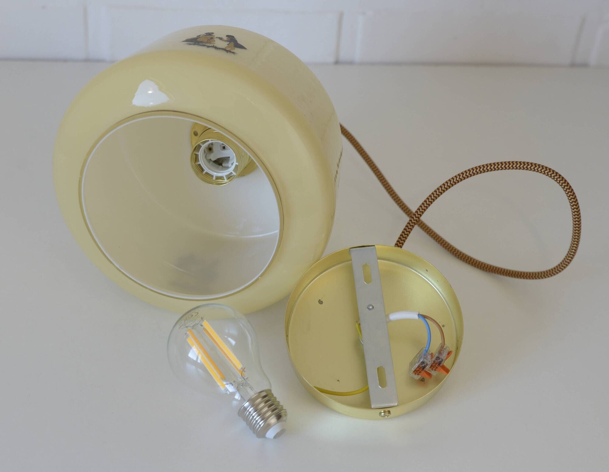 1950s Yugoslav Vintage Pendant Light,  Restored Caramel Opaline Glass Lamp