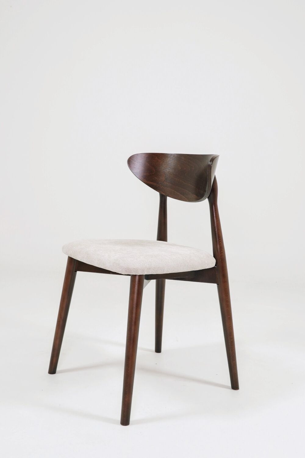 Modern Set of 6 Dining Chairs, Ecru Farbic and Dark walnut beech wood