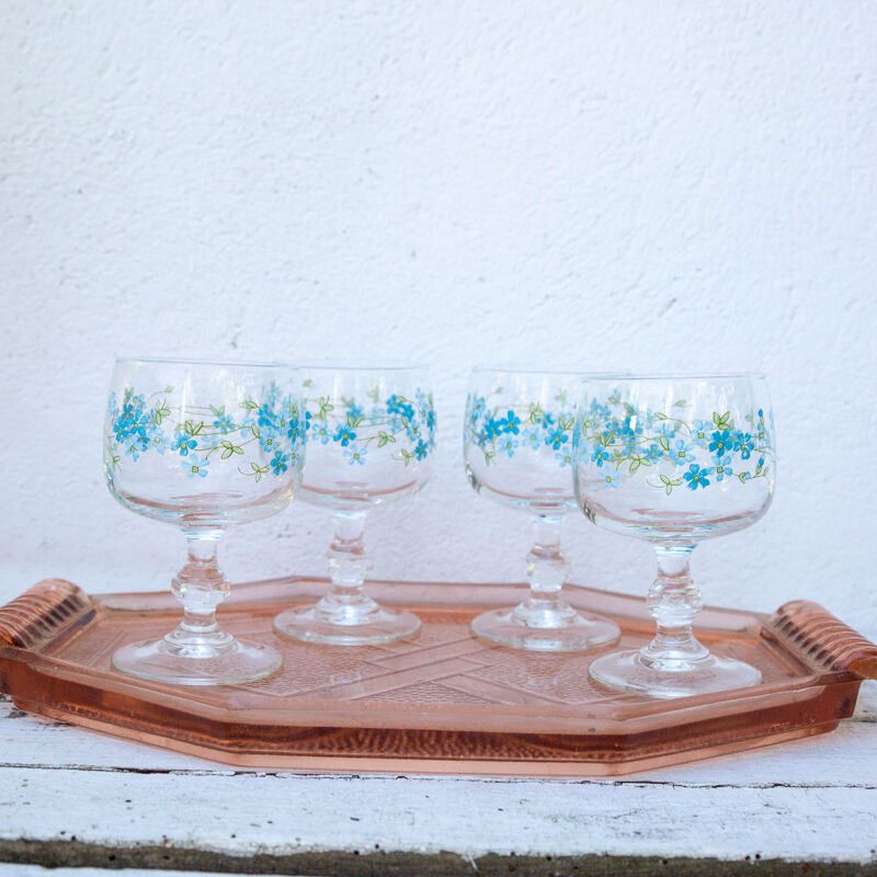 4 verres à pied a décor de myosotis
