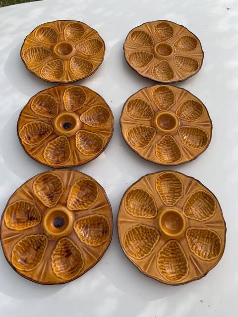 6 oyster plates, for 6 oysters, vintage glazed ceramic slip
