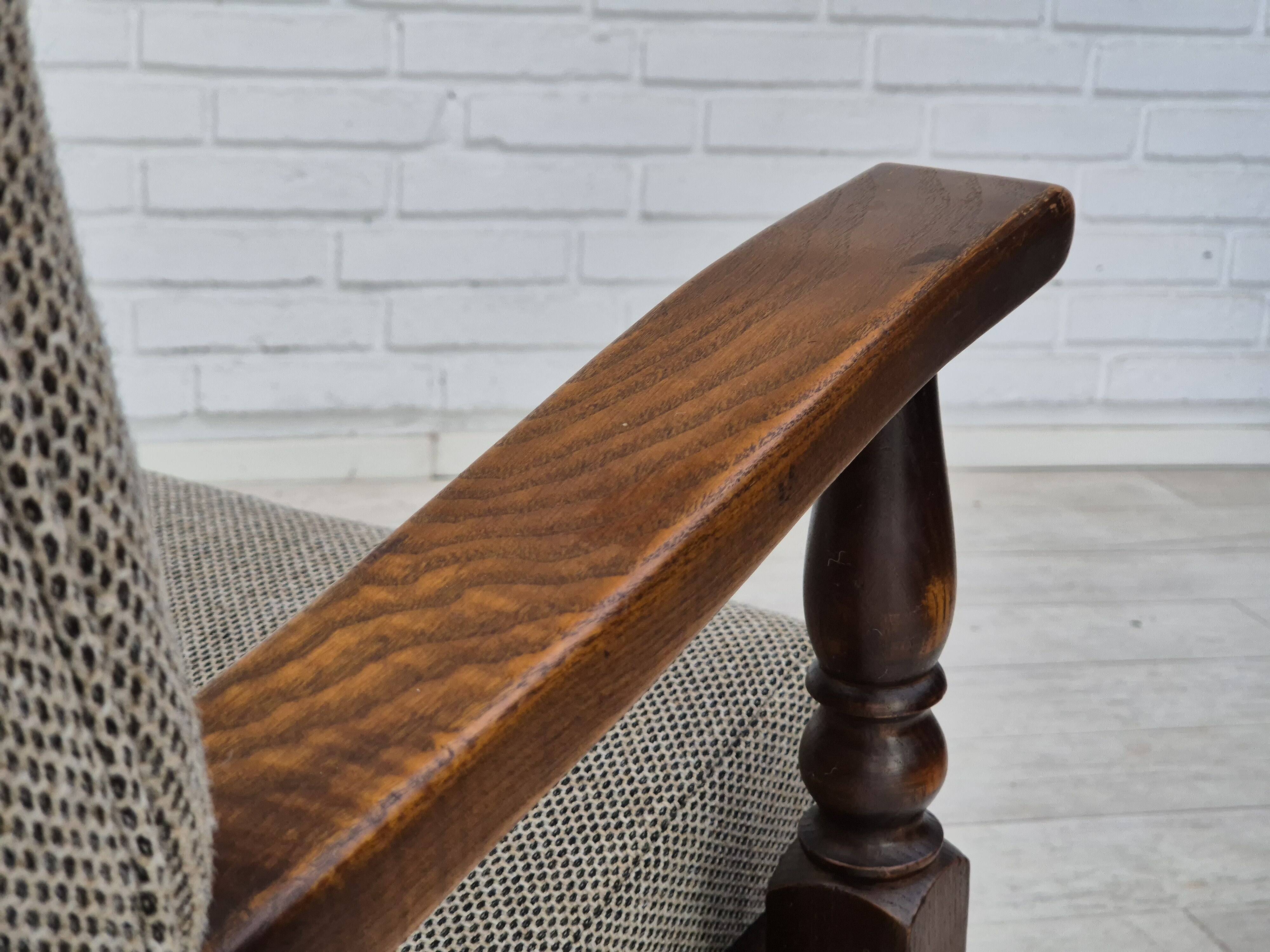 1960s, Scandinavian design, reupholstered high-back armchair, furniture wool, oak wood.