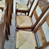 6 old oak chairs, brutalist wood, straw