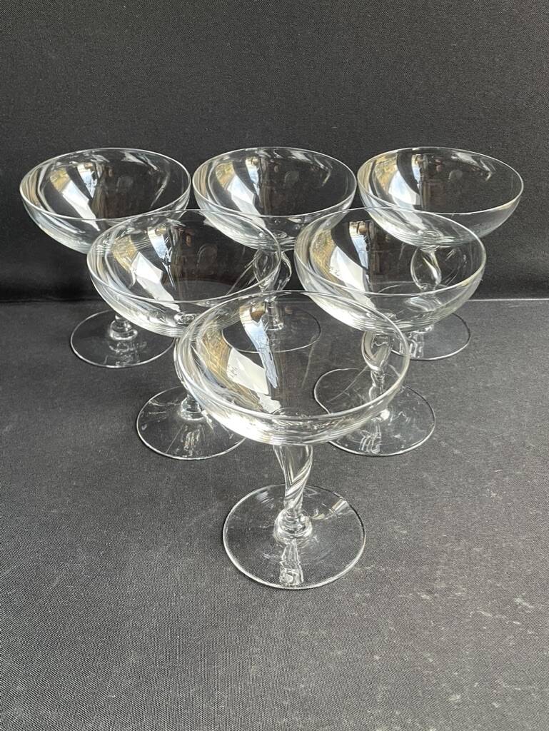 6 light crystal champagne glasses with twisted leg, early 20th century
