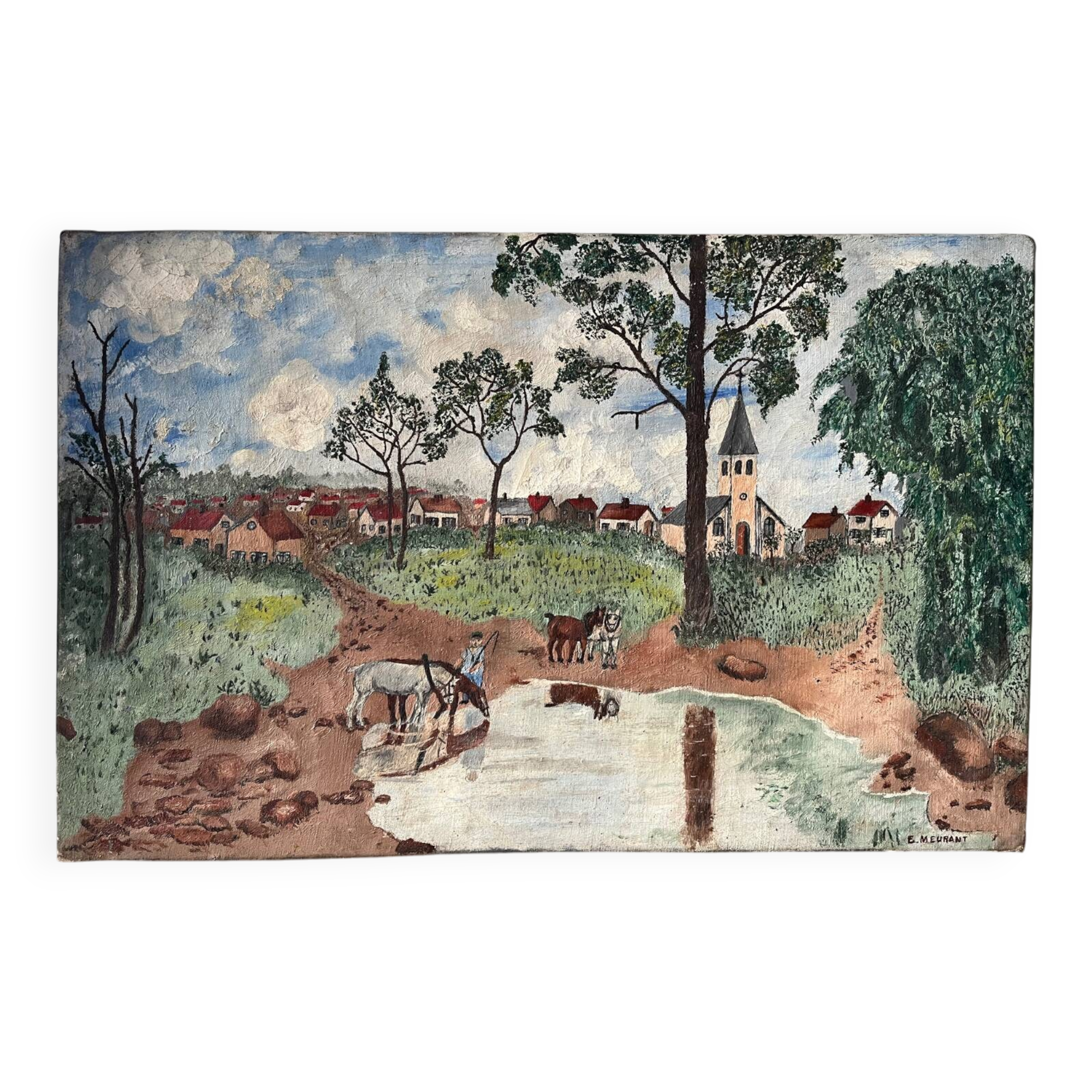 Countryside scene with horses, signed