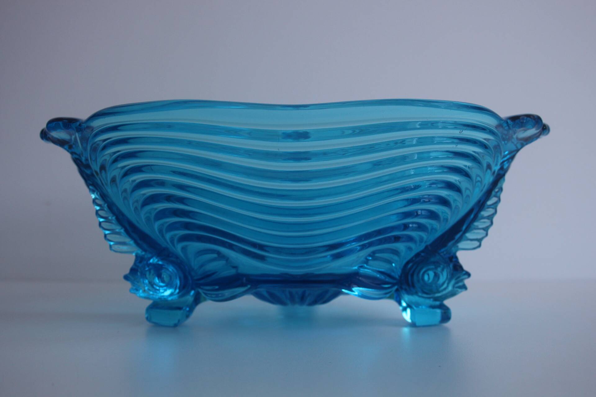 Rare Art Deco Glass Josef Inwald With Fish Feet Bowl-Gorgeous Rich Blue