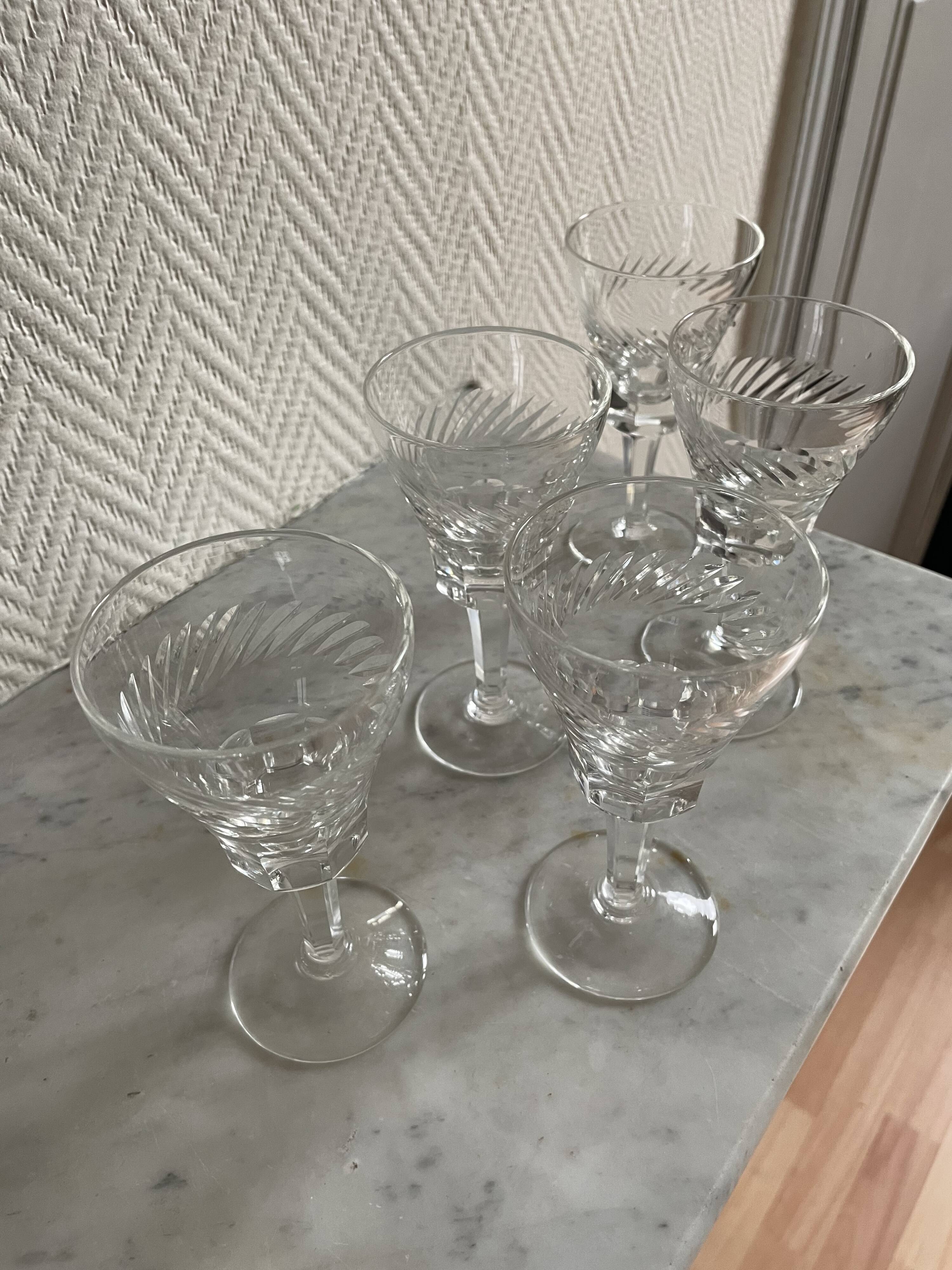 Set of five antique crystal stemmed glasses