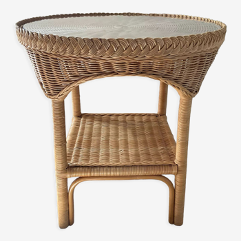 Vintage side table in rattan and glass 70s
