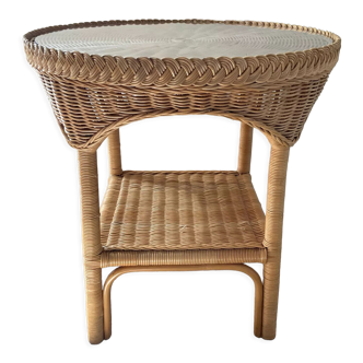 Vintage side table in rattan and glass 70s