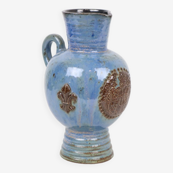 Vase émaillé bleu vintage céramique Belgique années 1970 24cm