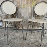 SOUDEXVINYL Chair Pair Chrome Metal + White Skai 70s Vintage #