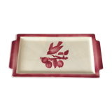 Cake dish bird pattern on its branch in red and white tones