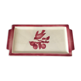 Cake dish bird pattern on its branch in red and white tones