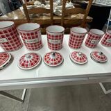 red and white checkerboard enameled tin spice pots BB