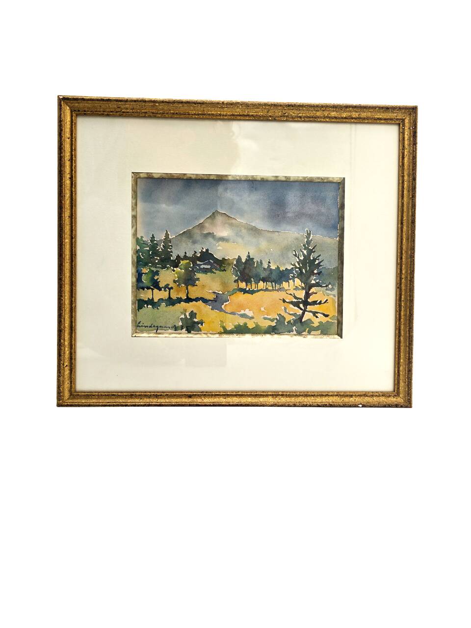 Framed watercolor by Henri Lindegaard 1975 - Forest and mountain landscape