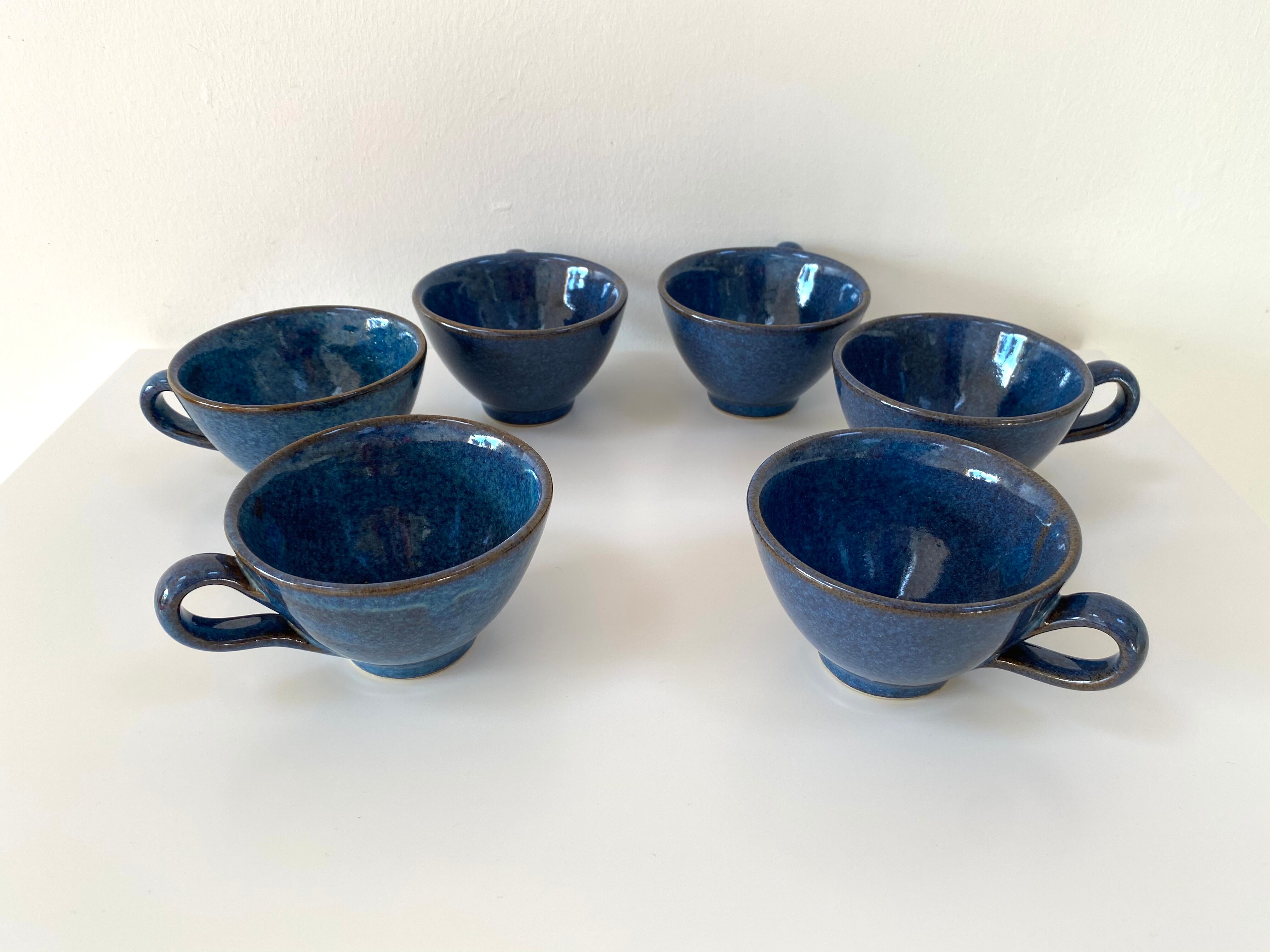 Set of 6 cups or cider bowls in glazed blue stoneware