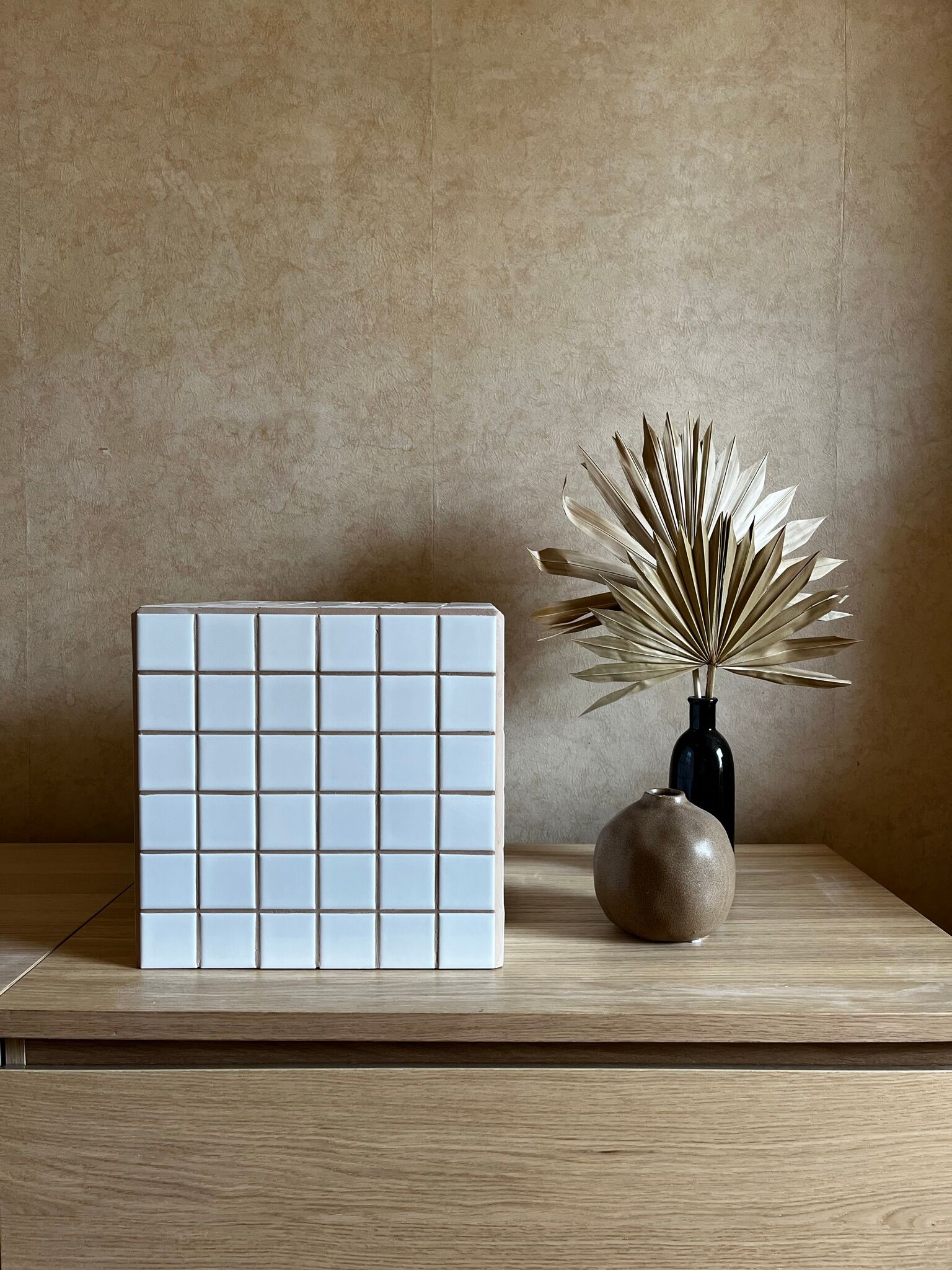 Beige white mosaic cube 30cm x 30cm tiled