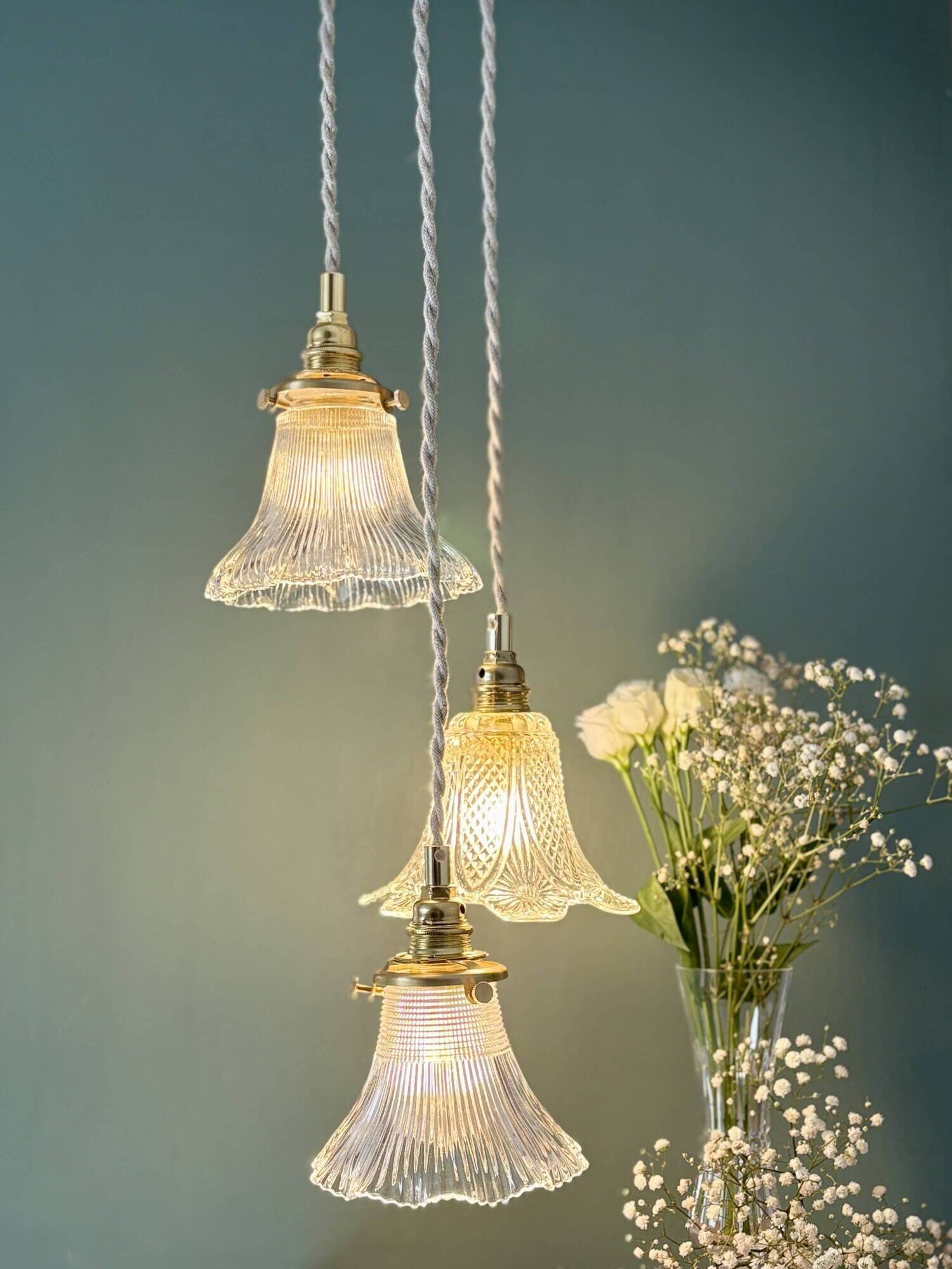 Vintage triple tulip pendant light in chiseled glass and holophane