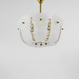 J.T. Kalmar Petite curved suspension basket, brass and glass, Austria, 1950s