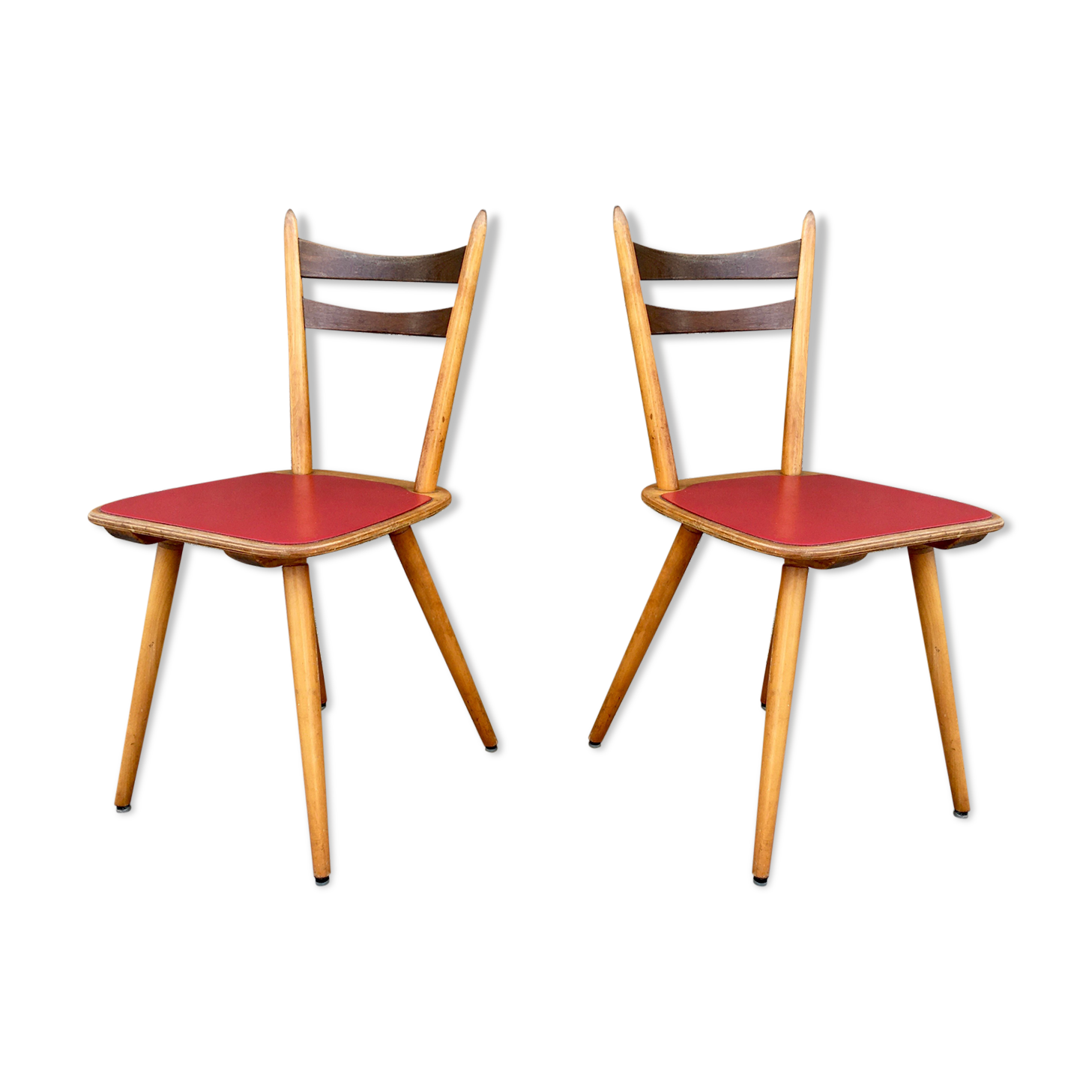 Pair of bistro and bohemian beech chairs, compass feet 1950