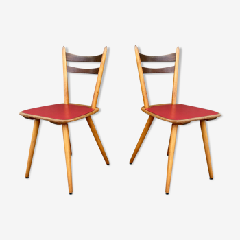 Pair of bistro and bohemian beech chairs, compass feet 1950