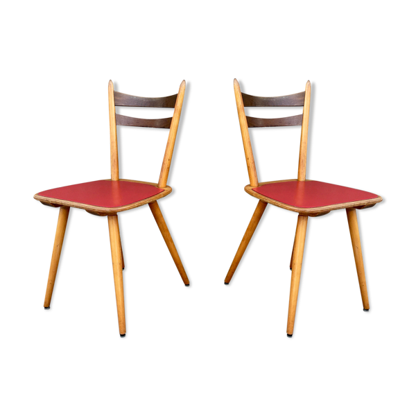 Paire de chaises bistrot et bohème hêtre, pieds compas 1950