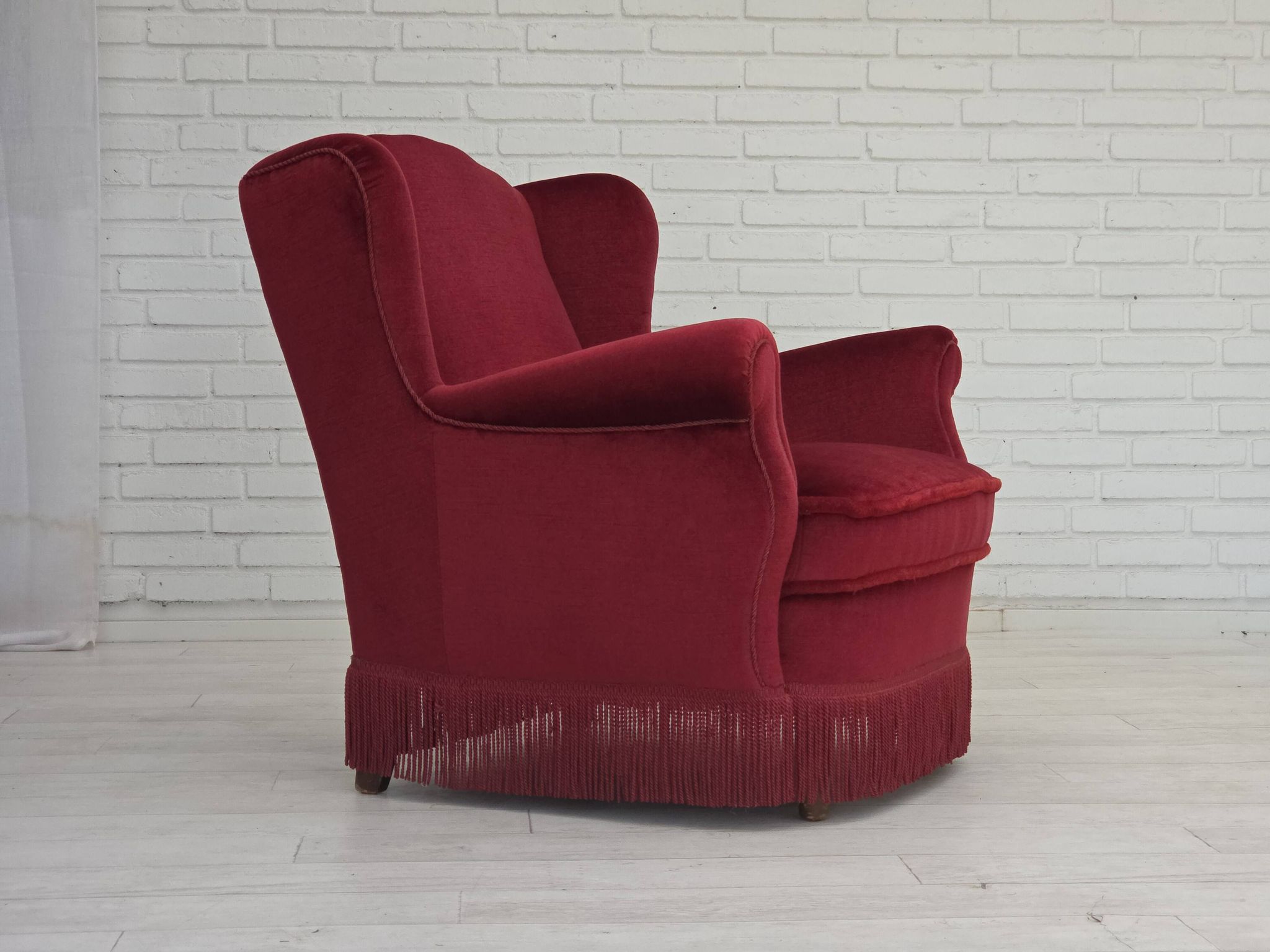 1960s, Danish armchair, red furniture velour, beech wood legs.