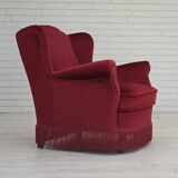 1960s, Danish armchair, red furniture velour, beech wood legs.