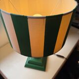 Pair of wooden bedside lamps with striped lampshades