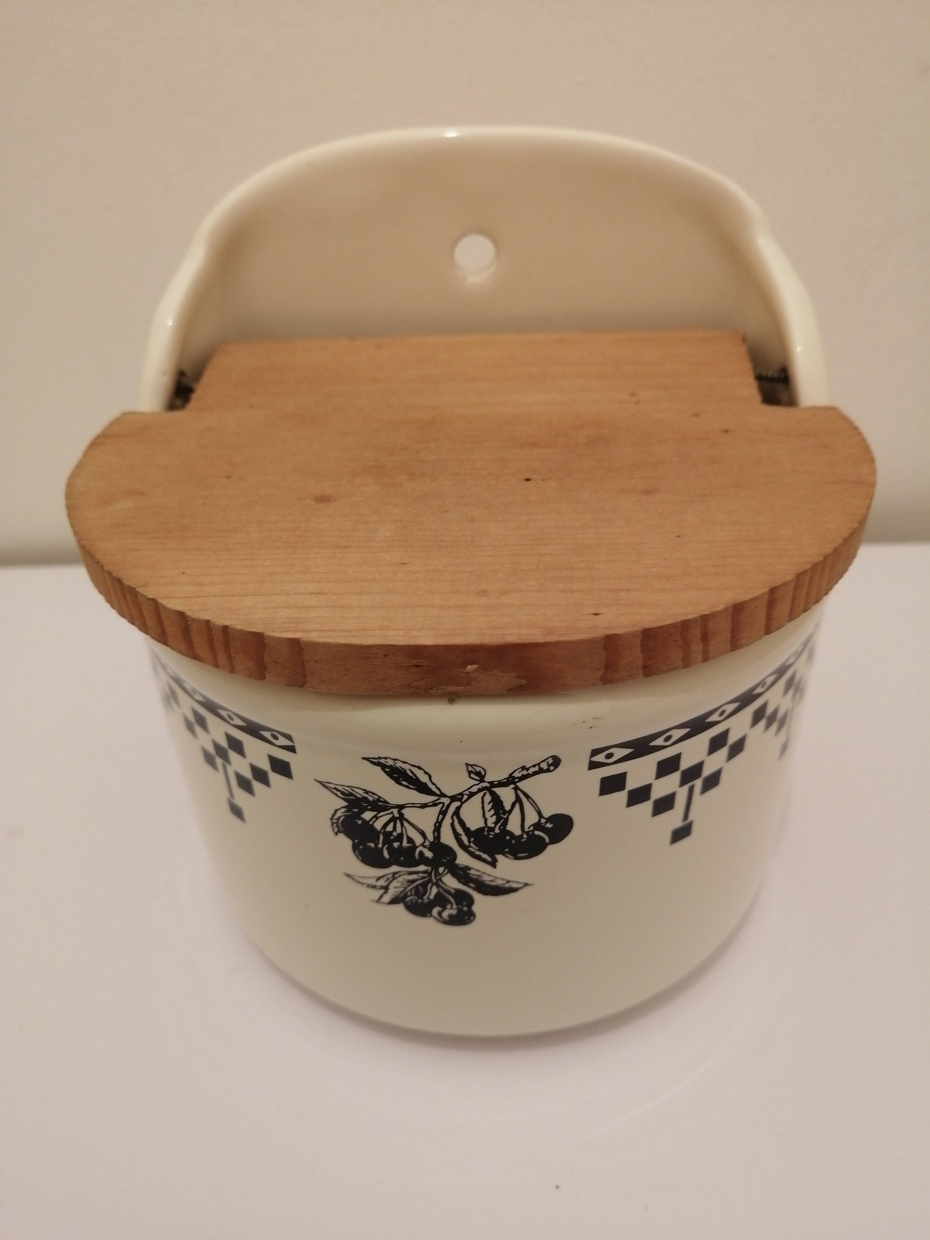 Vintage ceramic and wood salt box