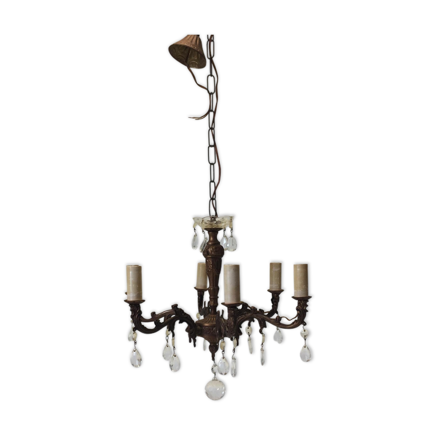 Chandelier 6 lights brass and glass pendants