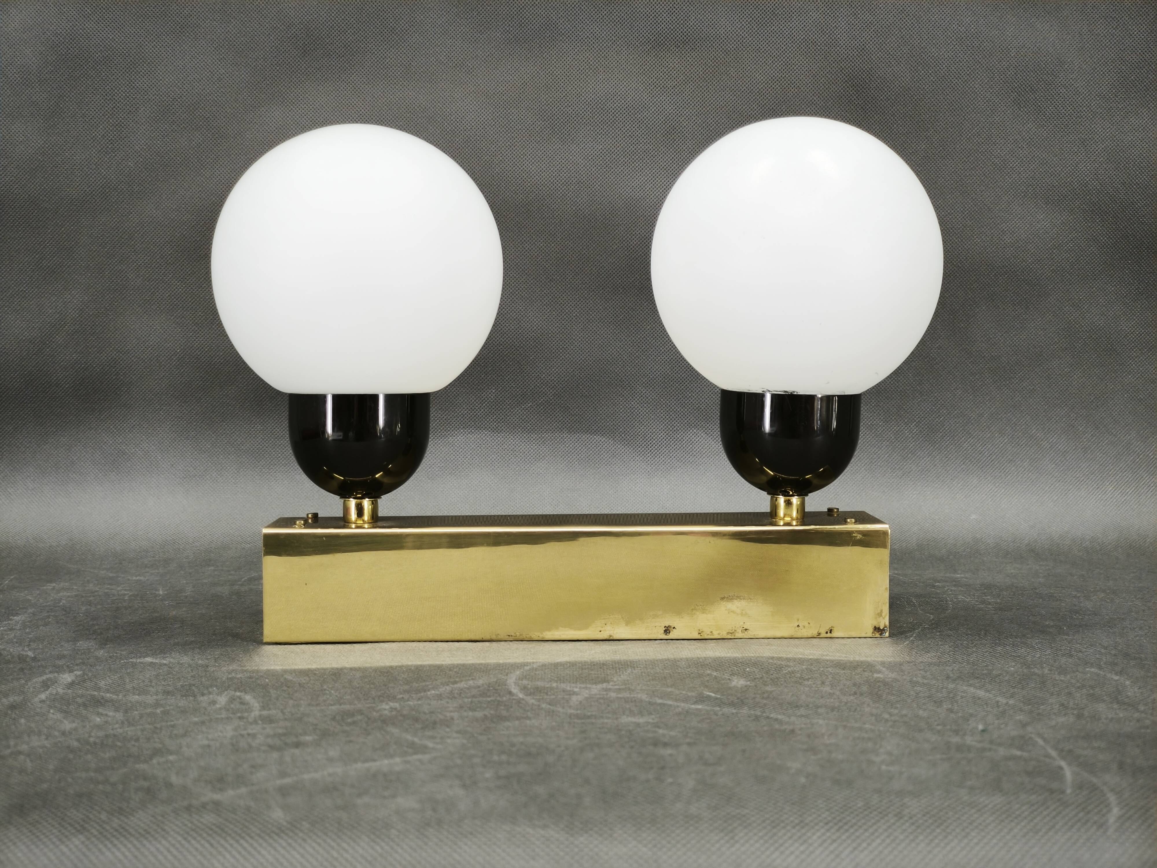 Kamenický Šenov Brass Double Globe Wall Light, Czechoslovakia, 1970s
