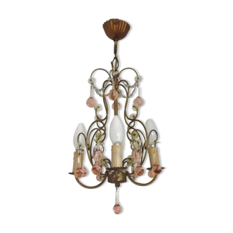 French Vintage 4 Light Metal Cage Chandelier with Bead Swag and Pink Murano Drops