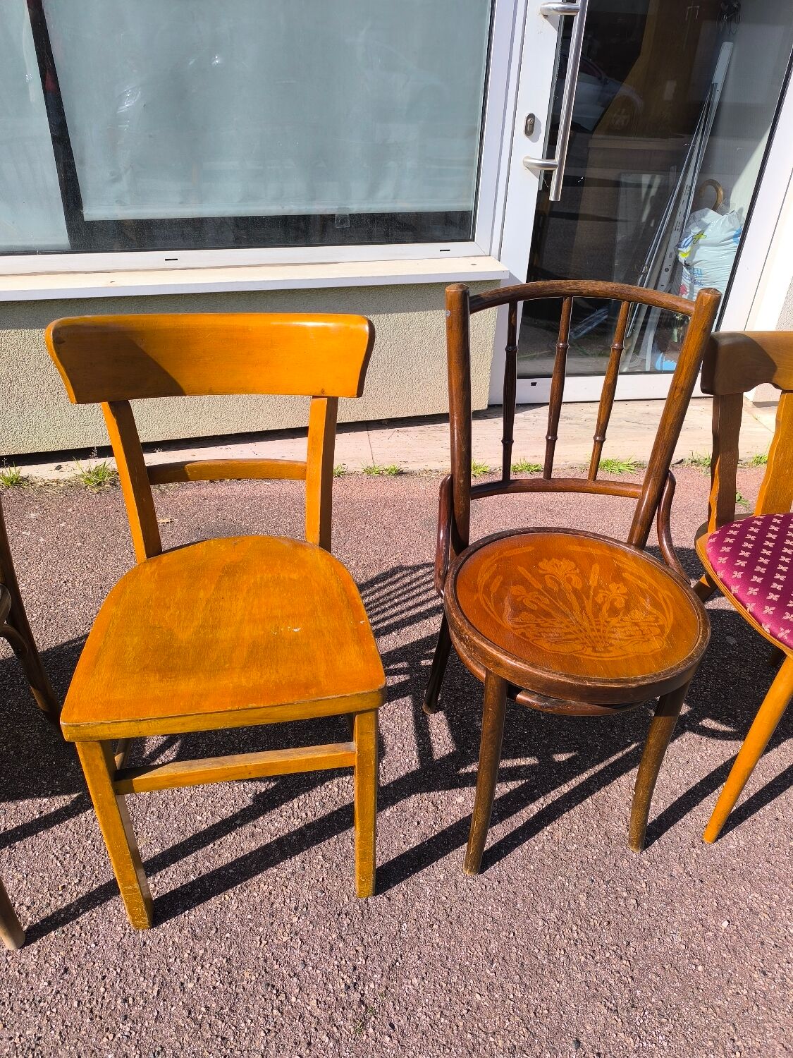 Set of 6 mismatched vintage wooden bistro chairs