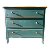 Commode vintage style Louis XV - Vert profond, bois clair, doré - 3 tiroirs