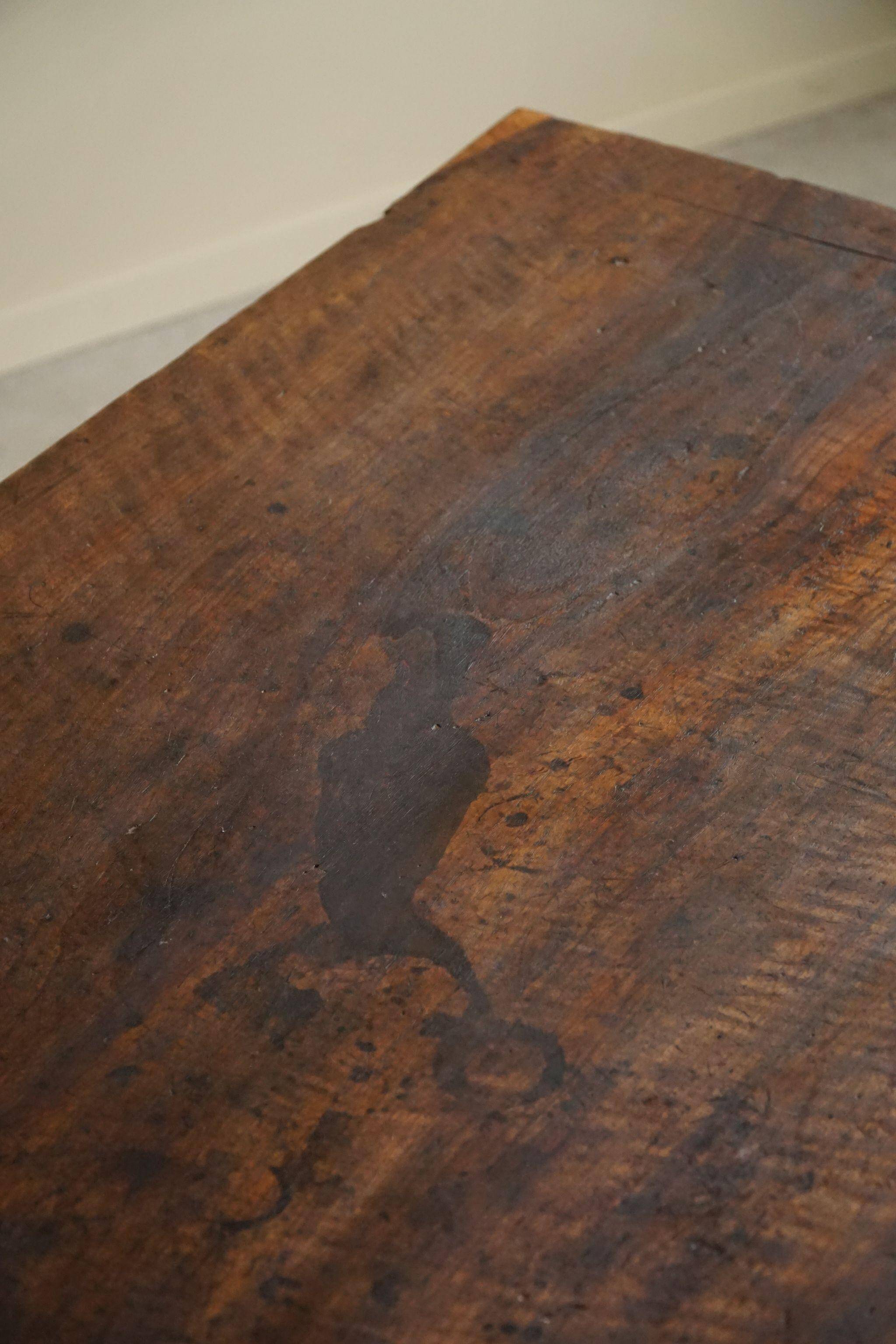 Brutalist table in antique Spanish solid oak and wrought iron, 19th century.