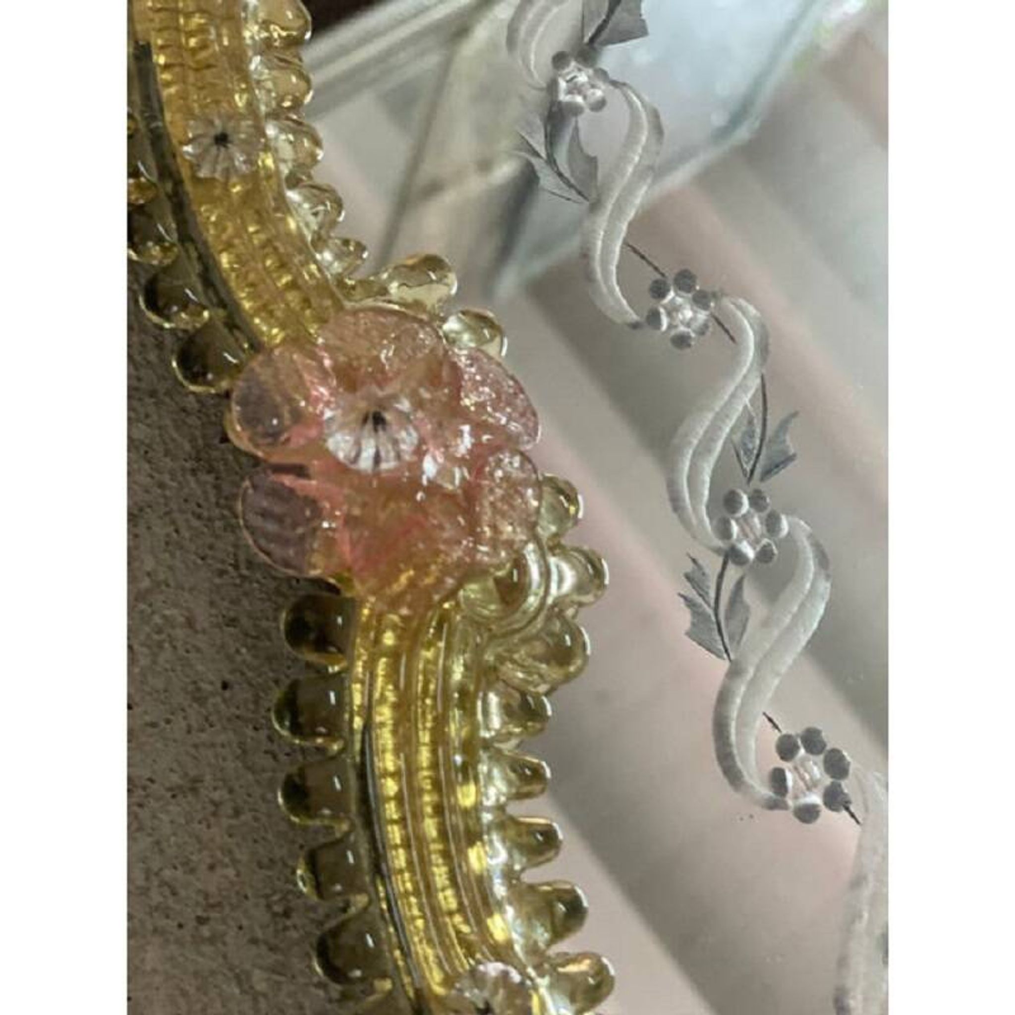 2000s venetian oval gold and pink floreal hand-carving mirror in murano glass style
