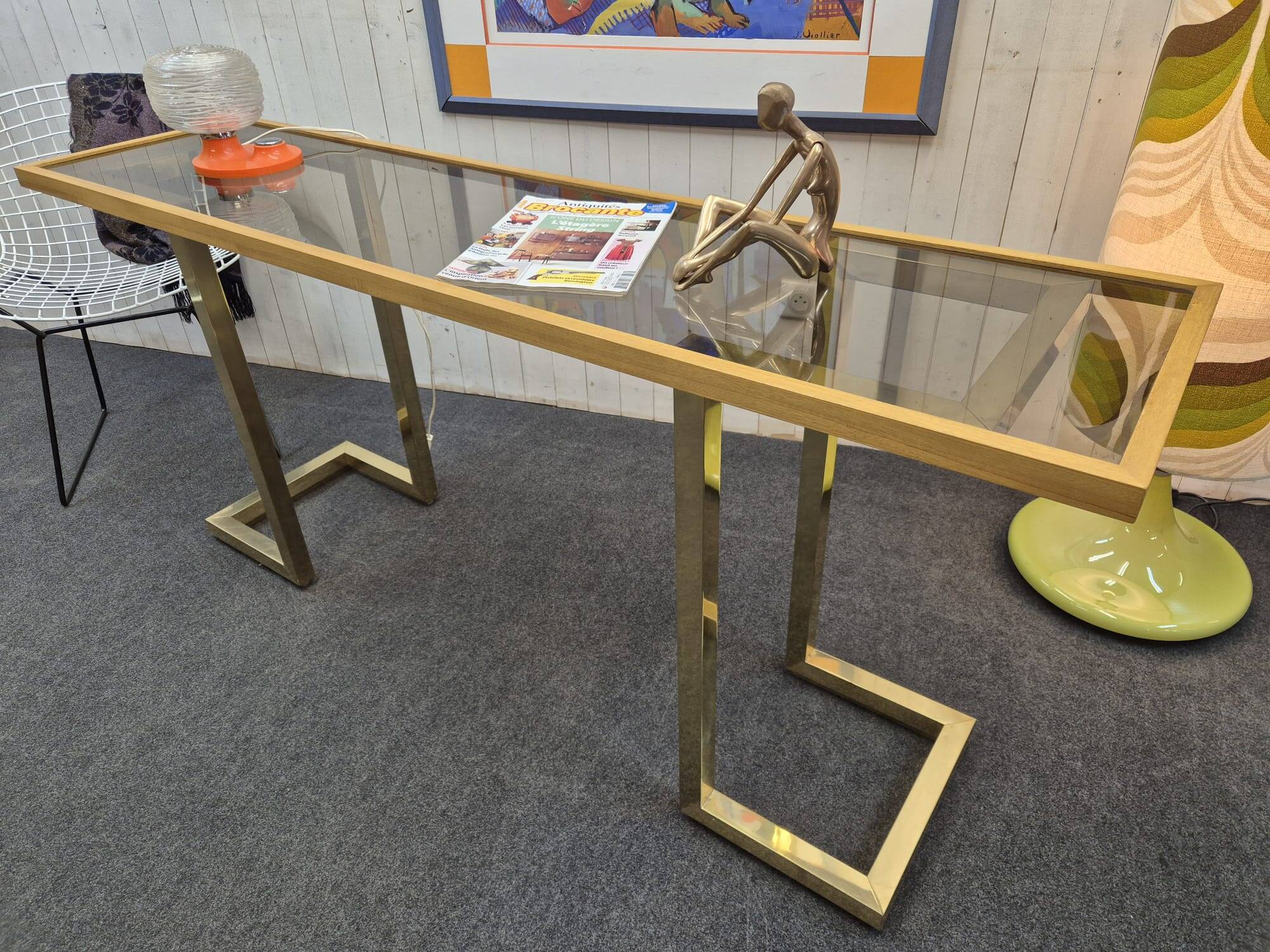 Vintage brass and smoked glass console.