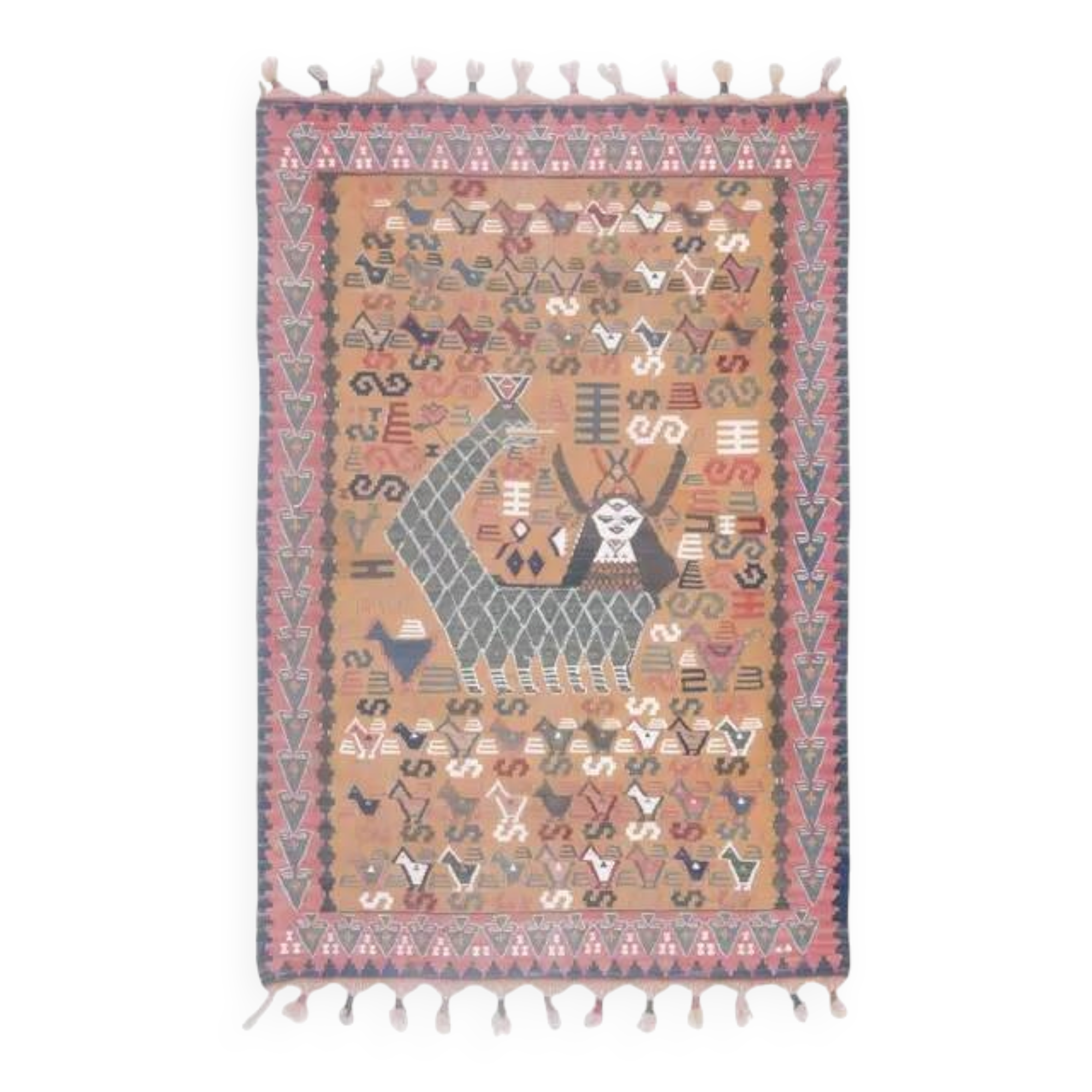 Shahmaran Motif Vintage Turkish Handmade Orange Kilim Rug  94x146