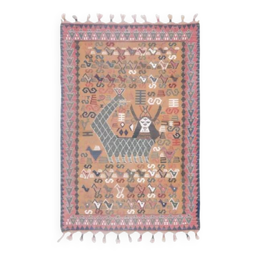 Tapis Kilim Vintage Turc Fait Main Motif Shahmaran Orange 94x146