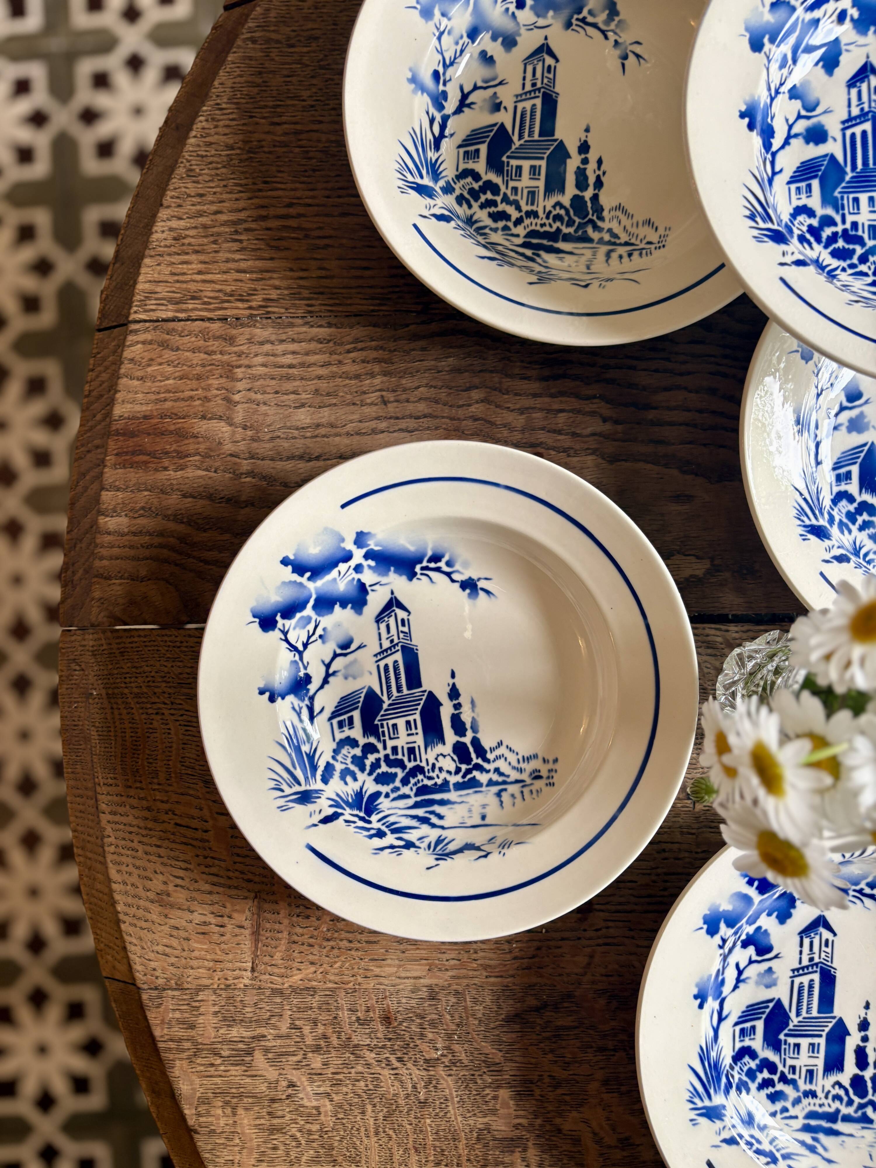 Set of 6 vintage deep plates with village decorations - Badonvillier