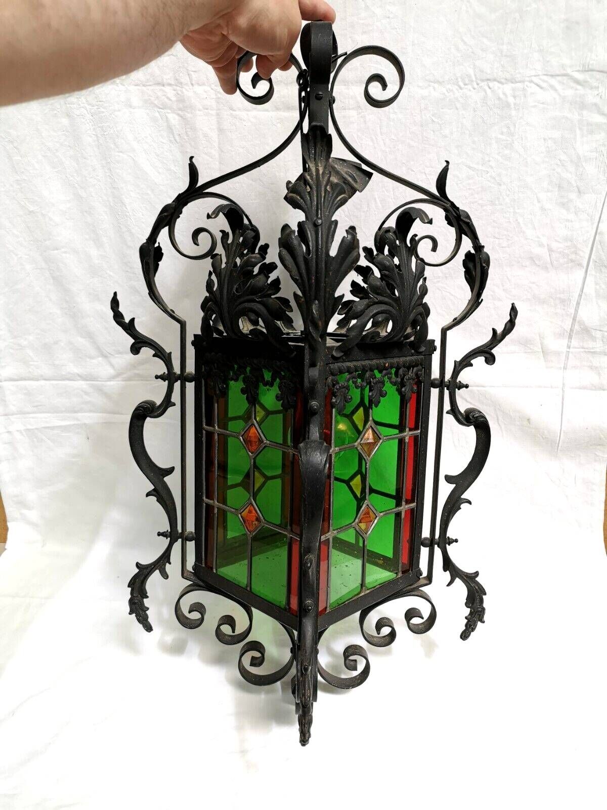 Large old lantern, wrought iron and stained glass. Lamp Chandelier stained glass Entrance