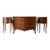 Louis XV bedside table set with marquetry and marble.
