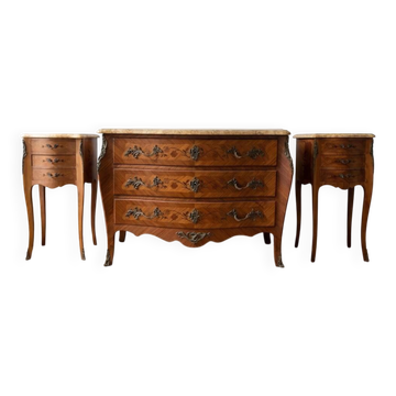 Louis XV bedside table set with marquetry and marble.