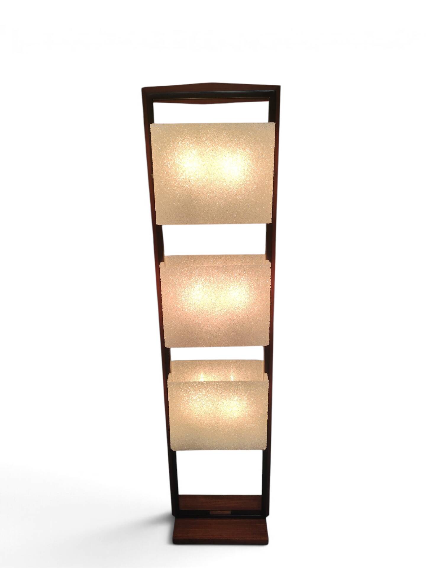 Column totem floor lamp in teak and frosted resin Scandinavian design