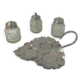 Vintage glass and silver-plated condiment set