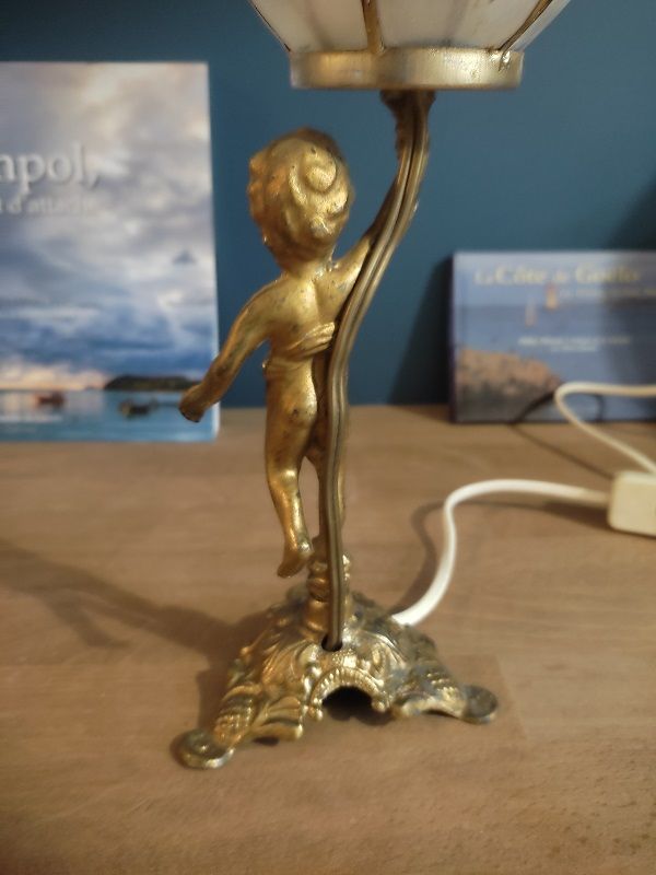 Bedside lamp angel left flower lotus mother-of-pearl base cast iron patinated brass