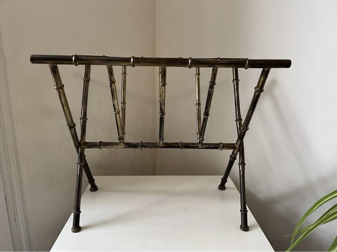 Magazine rack in gilded brass Bamboo style Jacques Adnet design 1960