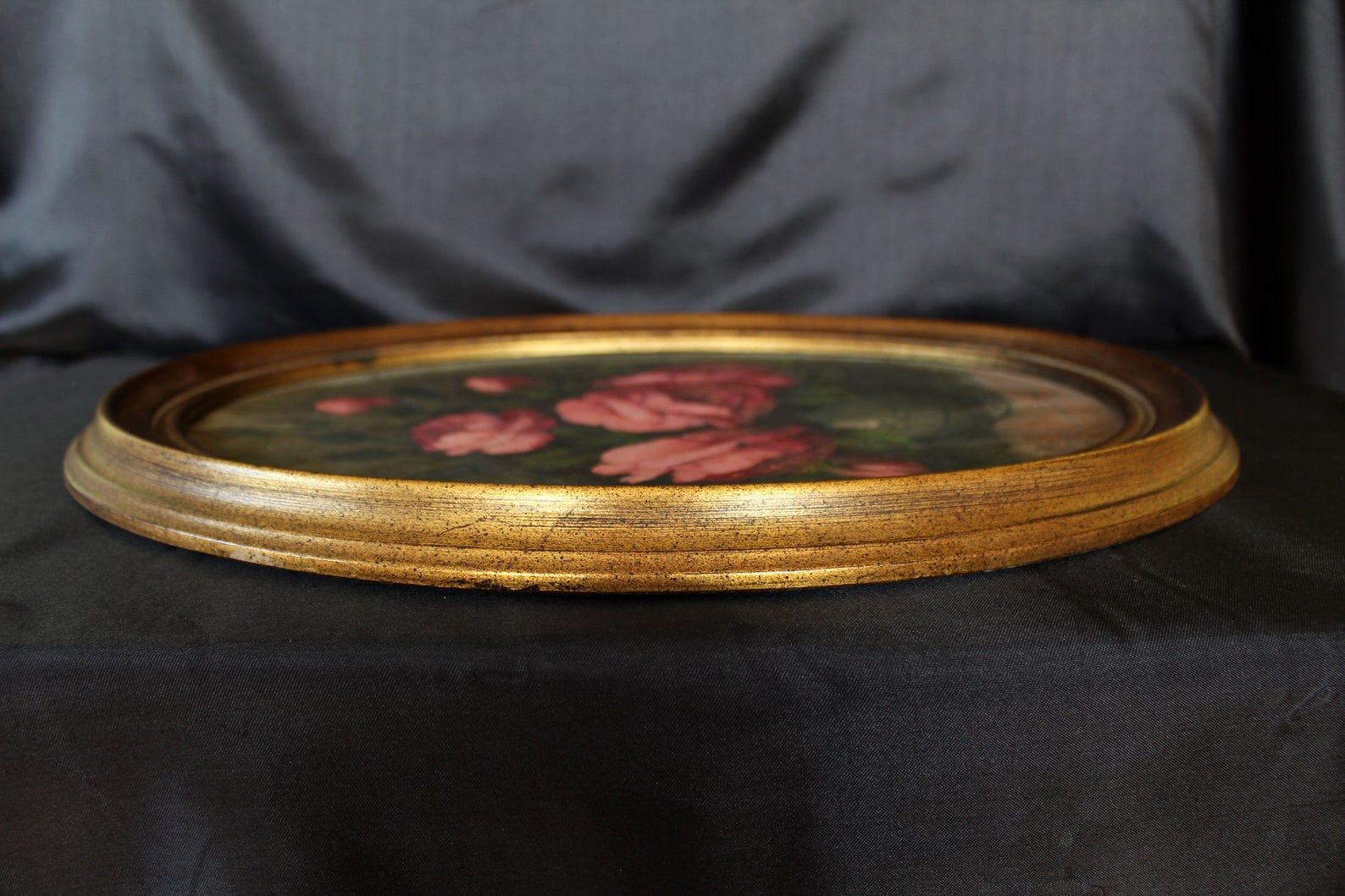 Antique vintage painting on wood, still life, oval frame, pink roses flower bouquet, signed, antique