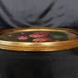 Antique vintage painting on wood, still life, oval frame, pink roses flower bouquet, signed, antique