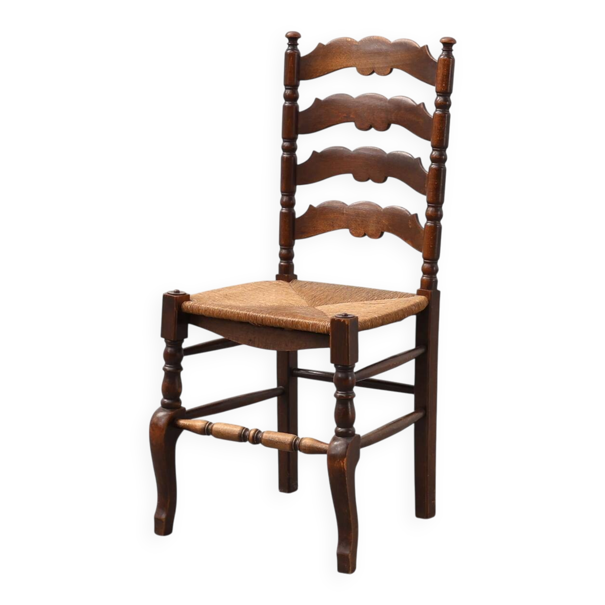 Rustic Oak Ladder-Back Chair with Rush Seat and Cabriole Front Legs, France